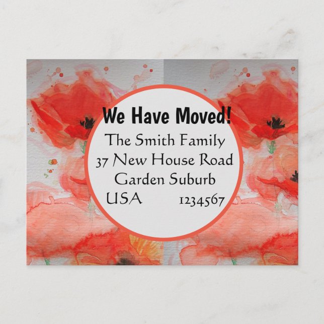 Red Poppy Watercolour New Address Postcard Moving (Front)