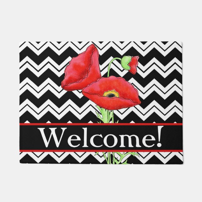 Red Poppy Welcome Black White Chevron ZigZag Doormat (Front)
