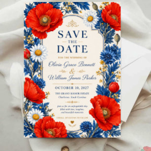 Red Poppy Wildflower Elegant Blue and Red Floral Save The Date