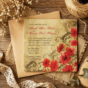 Red Poppy with Flourishes Vintage Wedding Invitation