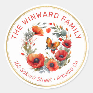 Red Poppy Wreath with Butterfly Address Classic Round Sticker