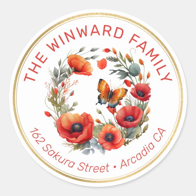 Red Poppy Wreath with Butterfly Address Classic Round Sticker (Front)