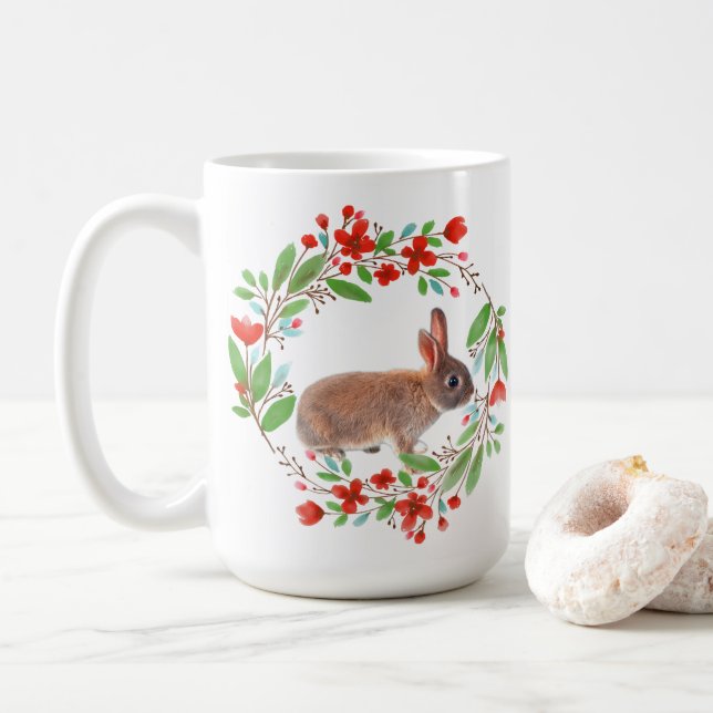 Red Poppy Wreath with Rabbit / Spring Style Coffee Mug (With Donut)