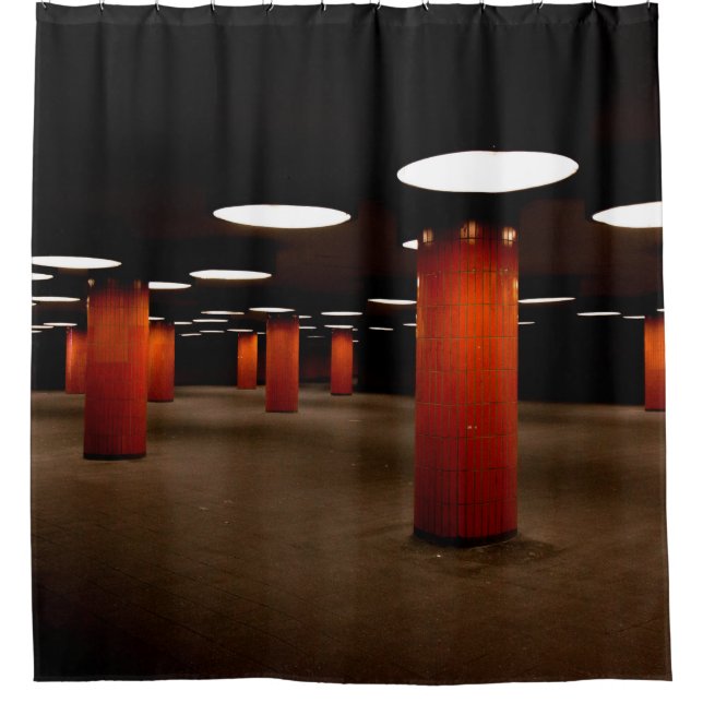 RED POST UNDER CEILING LIGHT AT NIGHT SHOWER CURTAIN (Front)