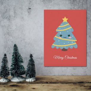 Red Poster with Kawaii Christmas Tree