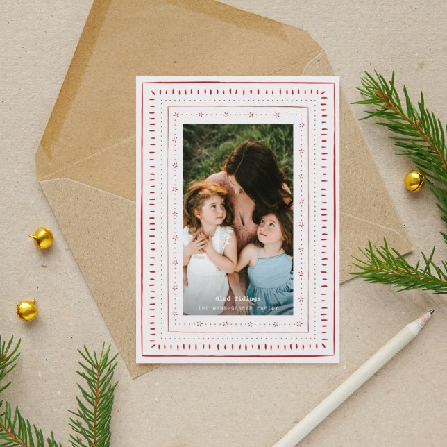 Red Pottery Holiday Card (Red hand-drawn pottery pattern photo holiday card.)
