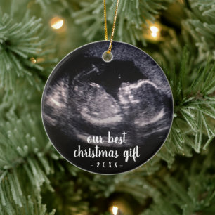 Red Pregnancy Reveal Ultrasound Photo Christmas Ceramic Tree Decoration