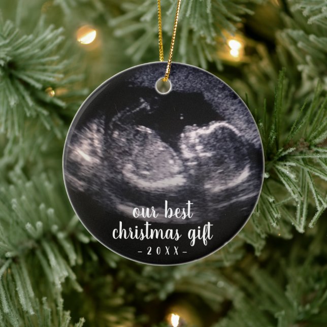 Red Pregnancy Reveal Ultrasound Photo Christmas Ceramic Tree Decoration (Tree)