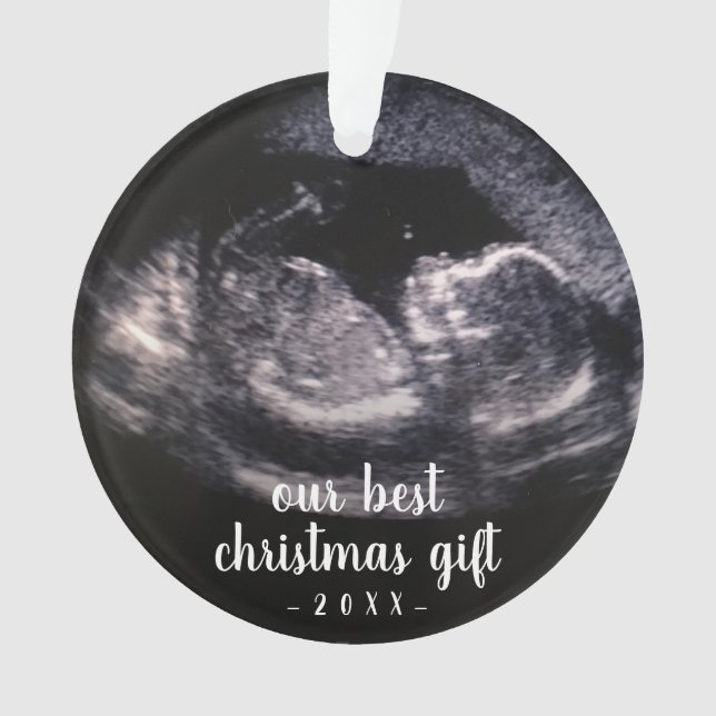 Red Pregnancy Reveal Ultrasound Photo Christmas Ornament (Front)