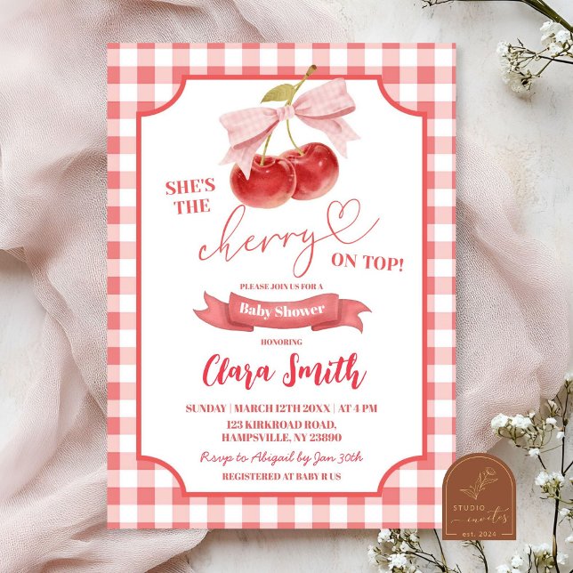 Red Preppy Coquette Cherry On Top Baby Shower Invitation (Creator Uploaded)