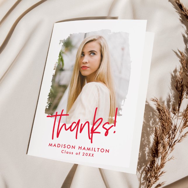 Red | Preppy Script Photo Graduation Thank You Card (Creator Uploaded)