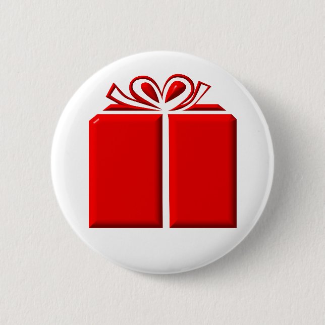 Red present with bow 6 cm round badge (Front)