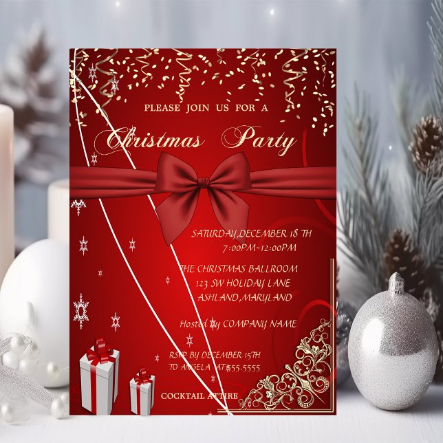 Red Presents,Bow,Confetti Company Christmas Party Invitation (Creator Uploaded)