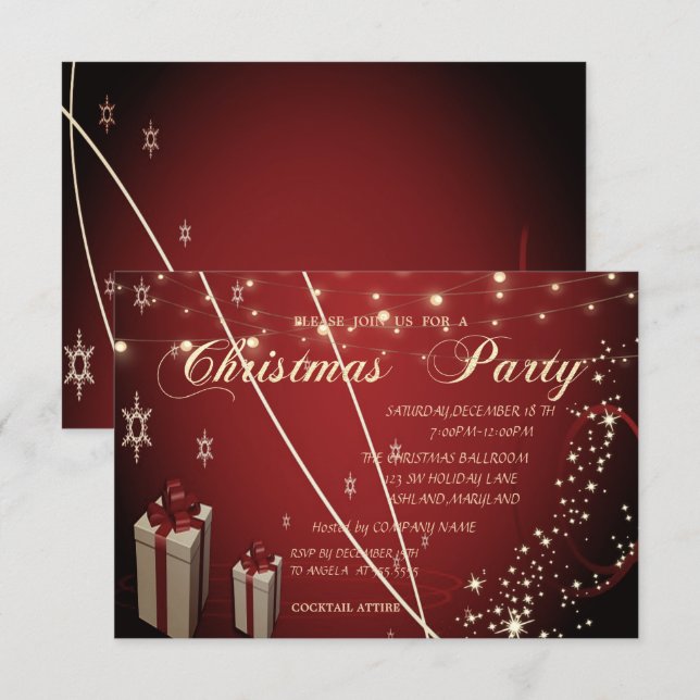 Red Presents,Bow,Confetti Company Christmas Party Invitation (Front/Back)