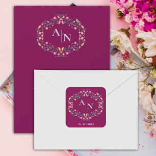 Red Pretty Monogram Cute Colourful Floral Wedding Square Sticker
