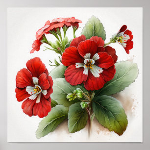 Red Primrose Flowers Art Print Poster