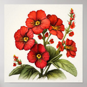 Red Primrose Flowers Art Print Poster