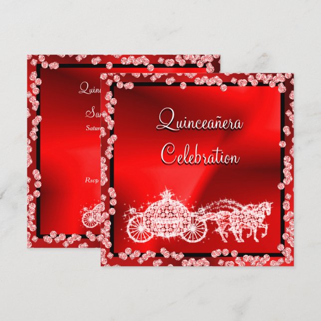 Red Princess Coach & Horses Quinceañera Invitation (Front/Back)