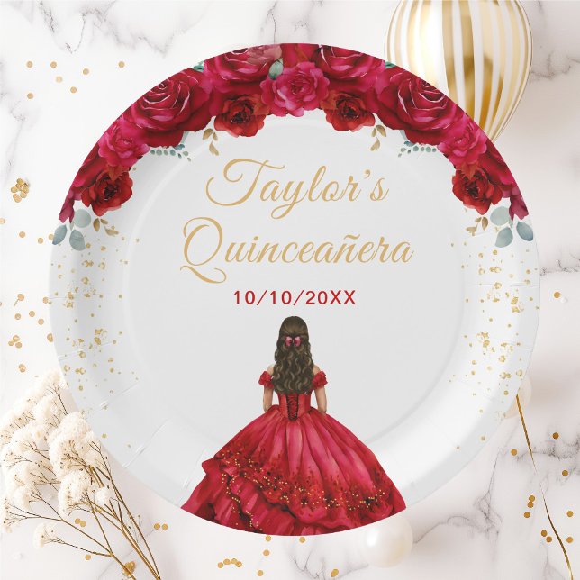 Red Princess Floral Quinceañera Paper Plate (Creator Uploaded)