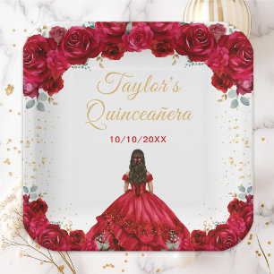 Red Princess Floral Quinceañera Paper Plate
