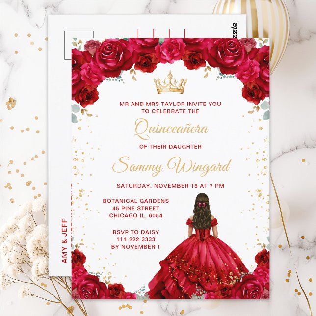 Red Princess Floral Quinceañera Postcard (Creator Uploaded)