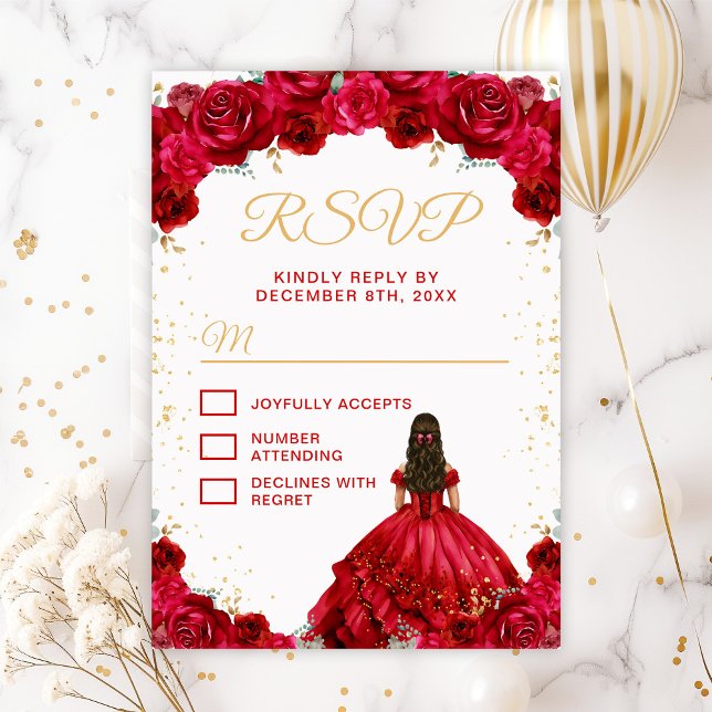 Red Princess Floral Quinceañera RSVP Card (Creator Uploaded)