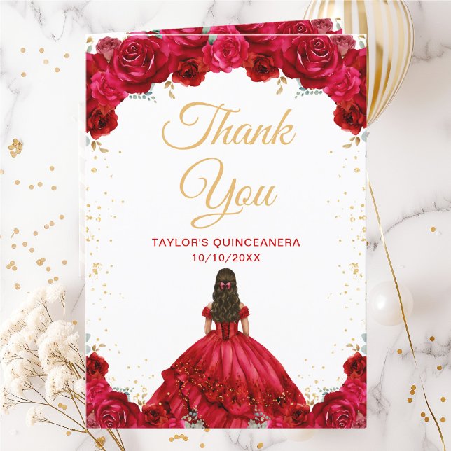 Red Princess Floral Quinceañera Thank You Card (Creator Uploaded)