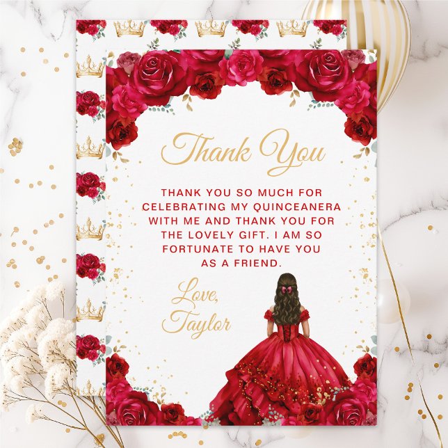 Red Princess Floral Quinceañera Thank You Card (Creator Uploaded)