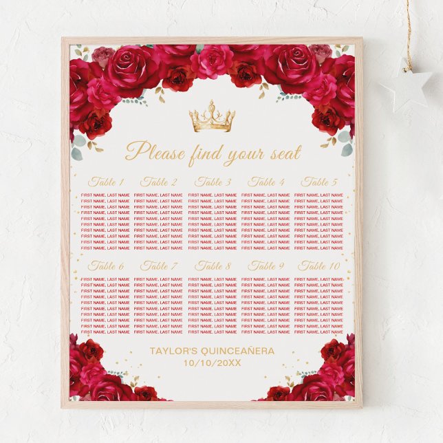 Red Princess Quinceañera 10 Table Seating Chart (Creator Uploaded)