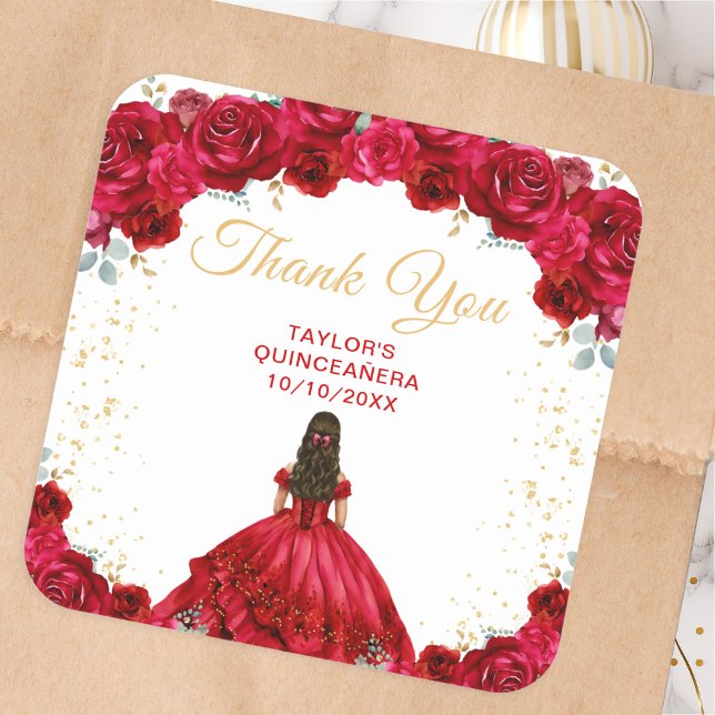 Red Princess Quinceañera Thank You Square Sticker (Creator Uploaded)