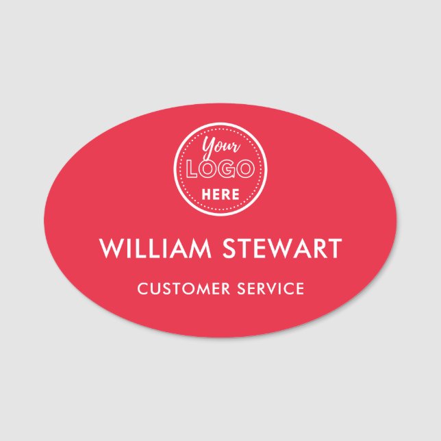 Red Professional Logo Oval Employee Staff Name Tag (Front)