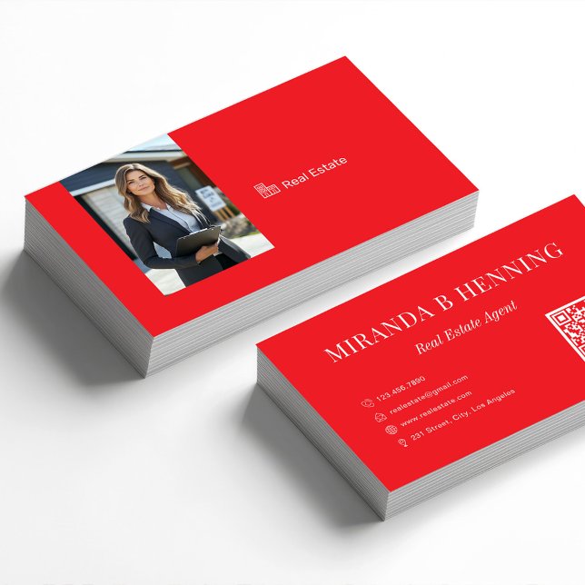 Red Professional Real Estate Agent Photo QR Code Business Card (Creator Uploaded)