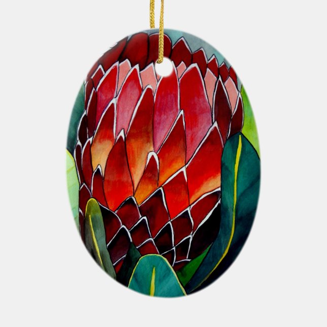 Red Protea flower original watercolour art Ceramic Tree Decoration (Back)
