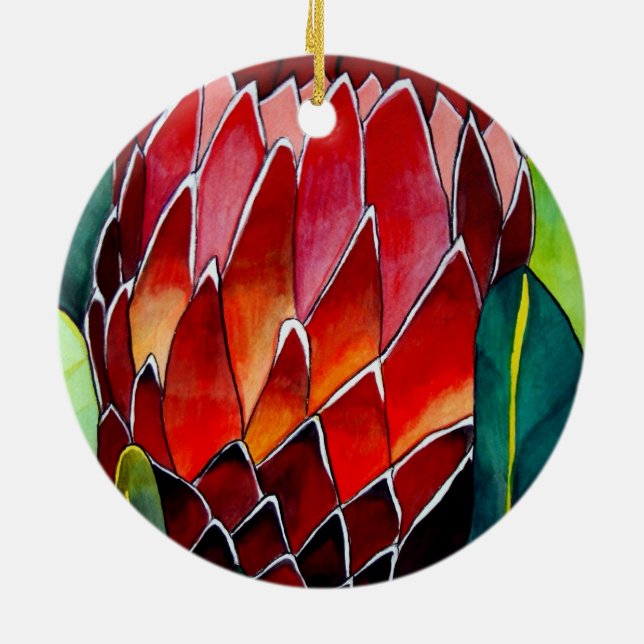 Red Protea flower original watercolour art Ceramic Tree Decoration (Back)