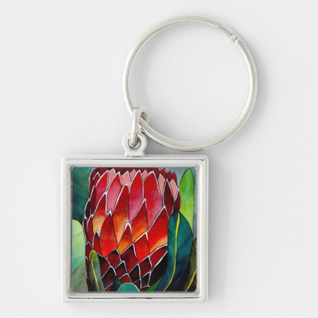 Red Protea flower original watercolour art Key Ring (Front)