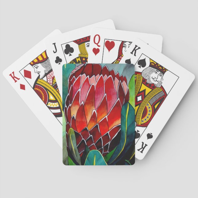 Red Protea flower original watercolour art Playing Cards (Back)