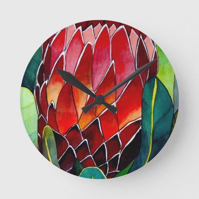 Red Protea flower original watercolour art Round Clock (Front)