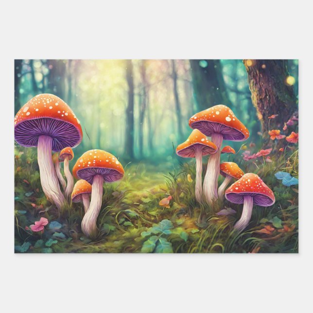 Red Psychedelic Mushrooms in the Forest Wrapping Paper Sheet (Front)