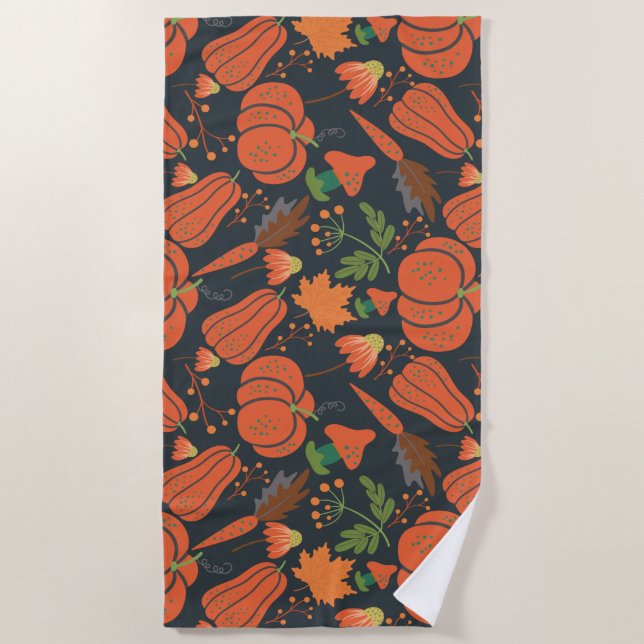 Red pumpkin seamless pattern and carrots beach towel (Front)