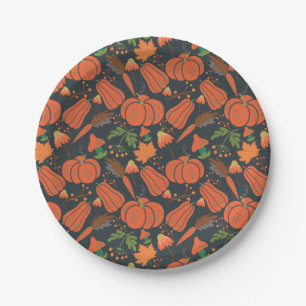 Red pumpkin seamless pattern and carrots paper plate