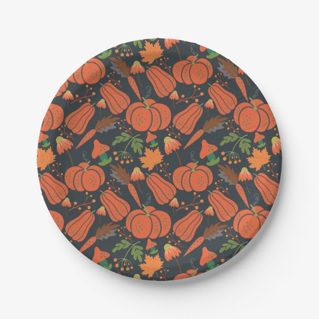Red pumpkin seamless pattern and carrots paper plate (Front)