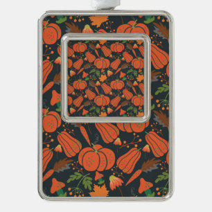 Red pumpkin seamless pattern and carrots silver plated framed ornament