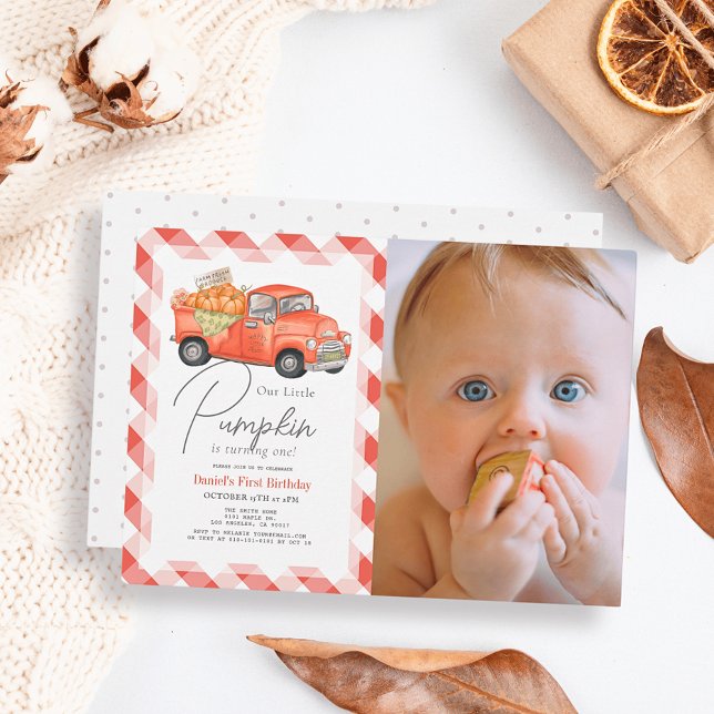 Red Pumpkin Truck Gingham Photo 1st Birthday Invitation (Creator Uploaded)