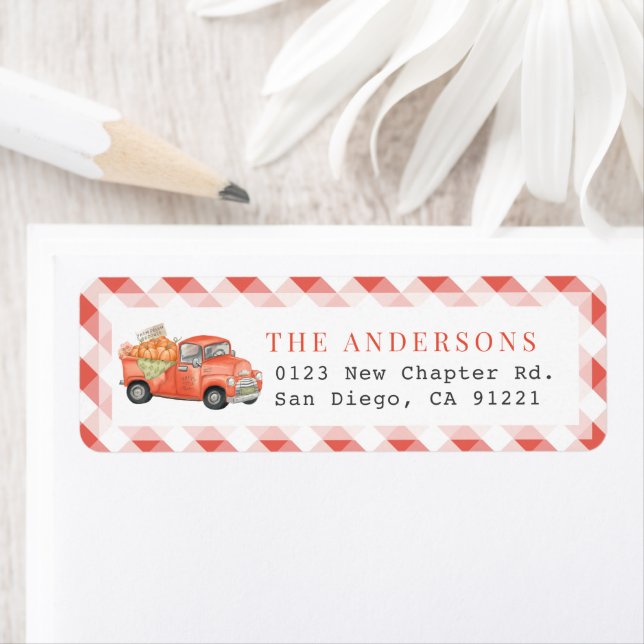 Red Pumpkin Truck Gingham Return Address (Insitu)