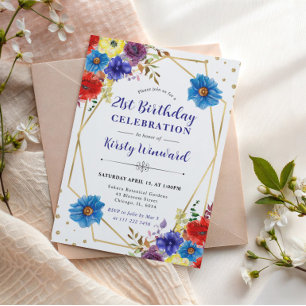 Red, Purple and Blue Summer Flowers Frame Birthday Invitation