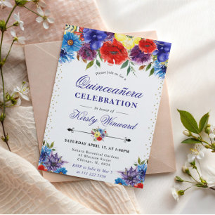 Red, Purple and Blue Summer Flowers Quinceanera Invitation