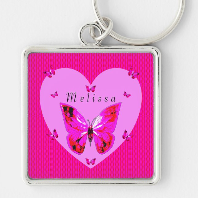 Red Purple Butterflies Fancy Script Custom Name  K Key Ring (Front)