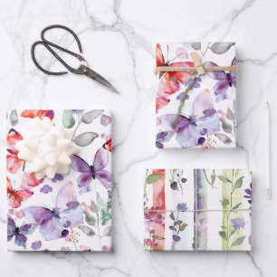 Red Purple Butterflies Flowers Birthday Wrapping Paper Sheet
