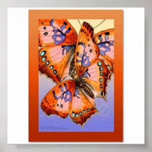 Red purple butterflies on gold blue abstract art poster