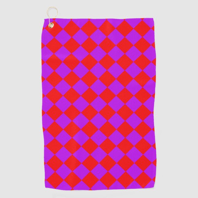 Red Purple Chequered Diamond Pattern Golf Towel (Front)